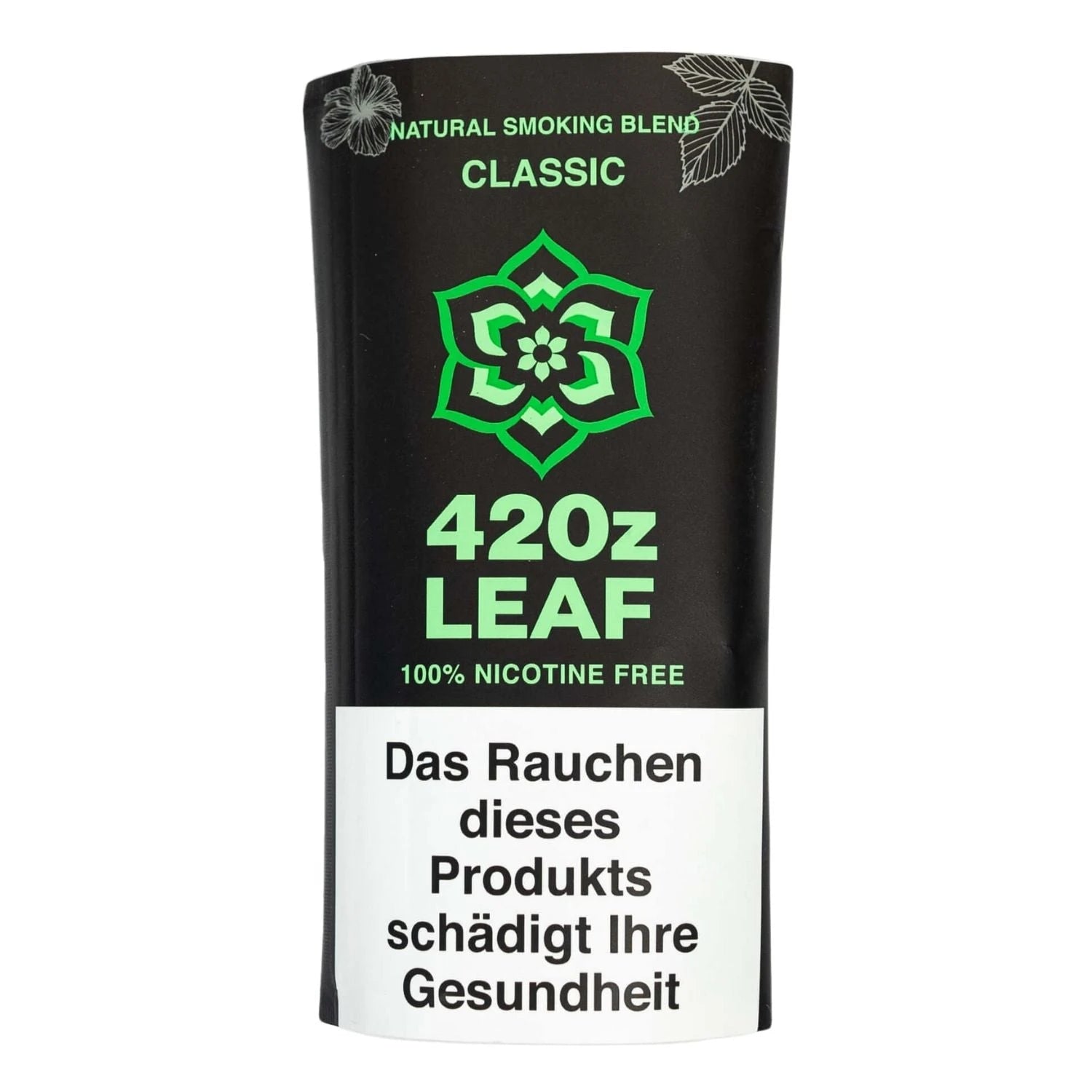 420z Leaf Classic Natural Smoking Blend, schwarzer Tabakersatz-Beutel, grünes Blüten-Logo, „100% Nicotine Free", deutscher Warnhinweis unten, weißer Hintergrund